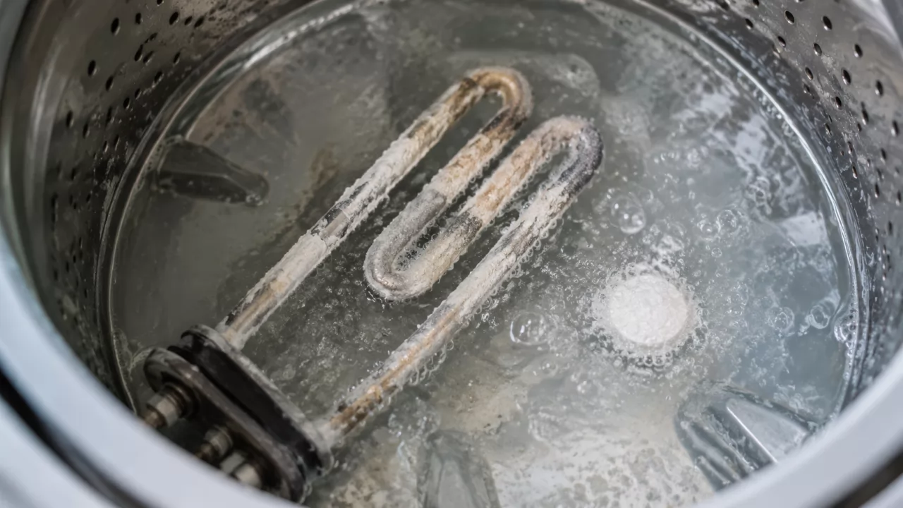 Limescale on a washer heating element dissolving around a fizzing tablet