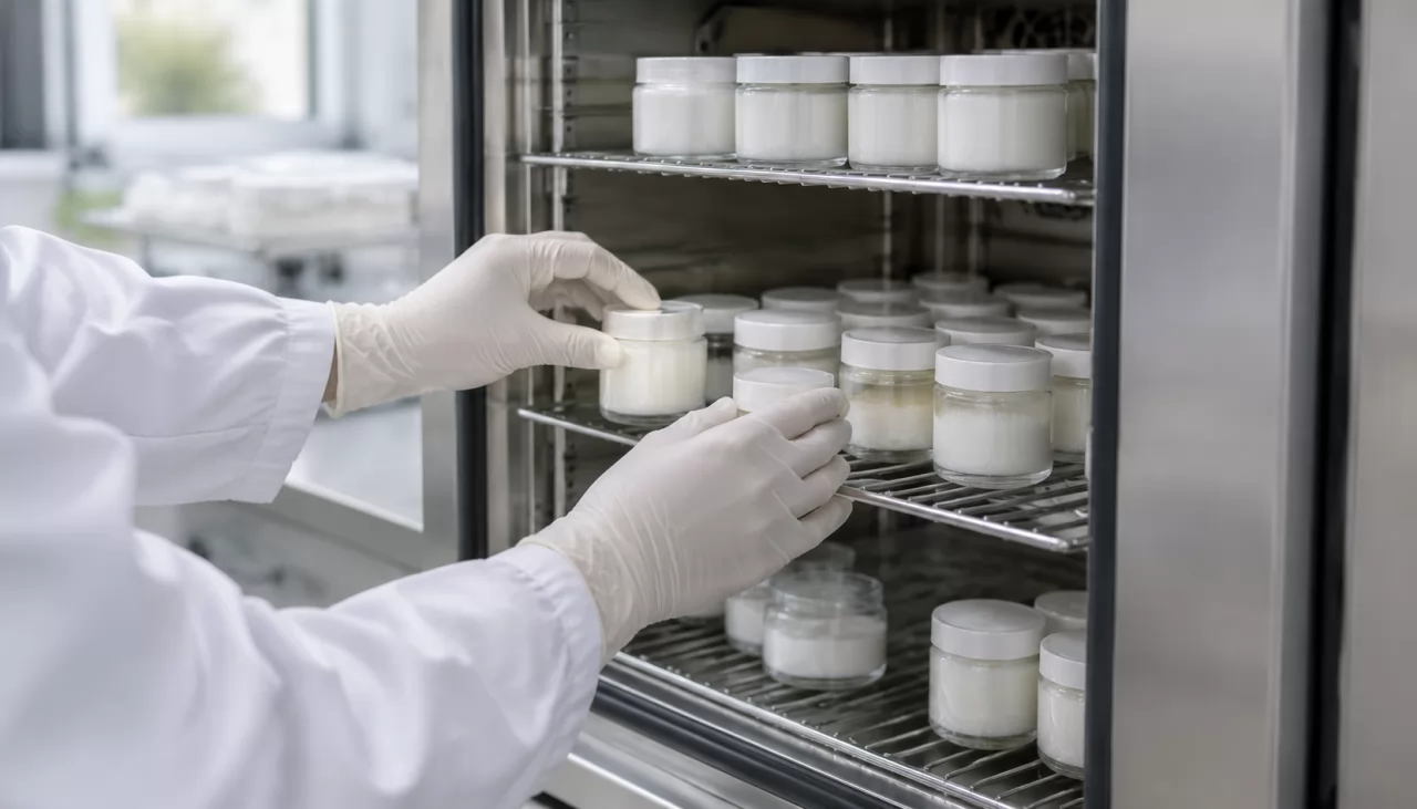 product-1280-731 Gloved hands placing lotion sample jars into a stability testing chamber