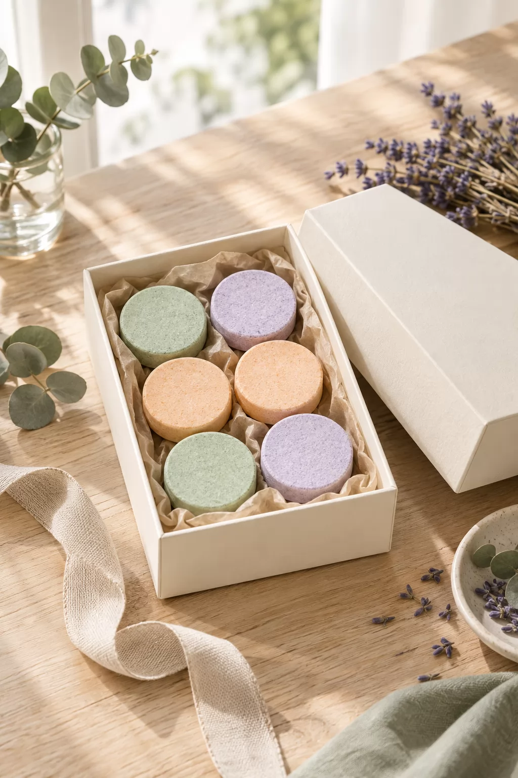 Open gift box holding mixed-scent shower steamer tablets with ribbon and dried eucalyptus sprigs
