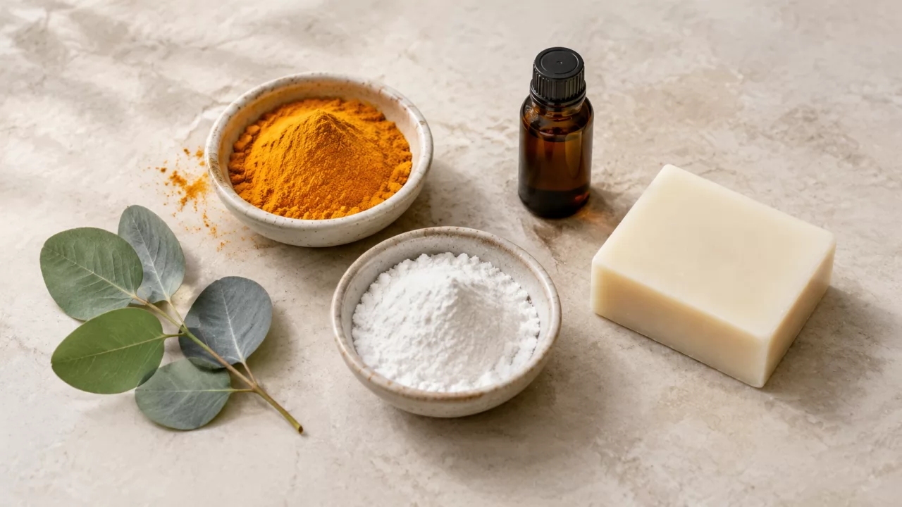 product-1280-720 Turmeric, kojic acid powder, essential oil and plain soap bar flat lay