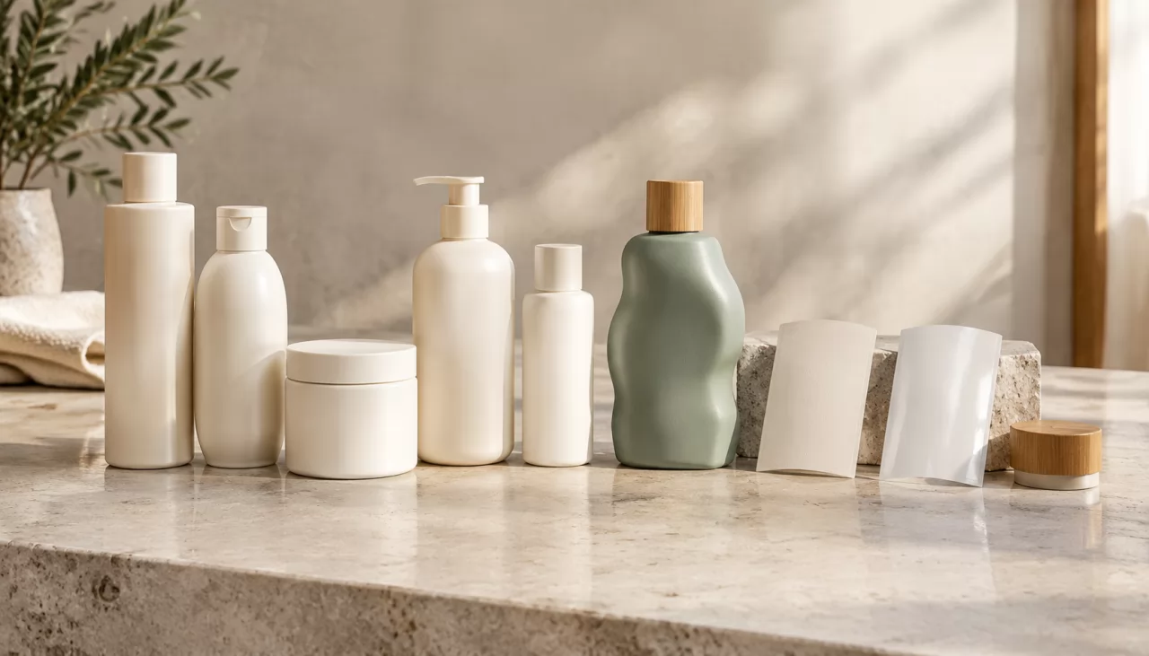 product-1280-731 Stock bottles and a custom bottle prototype with blank label swatches