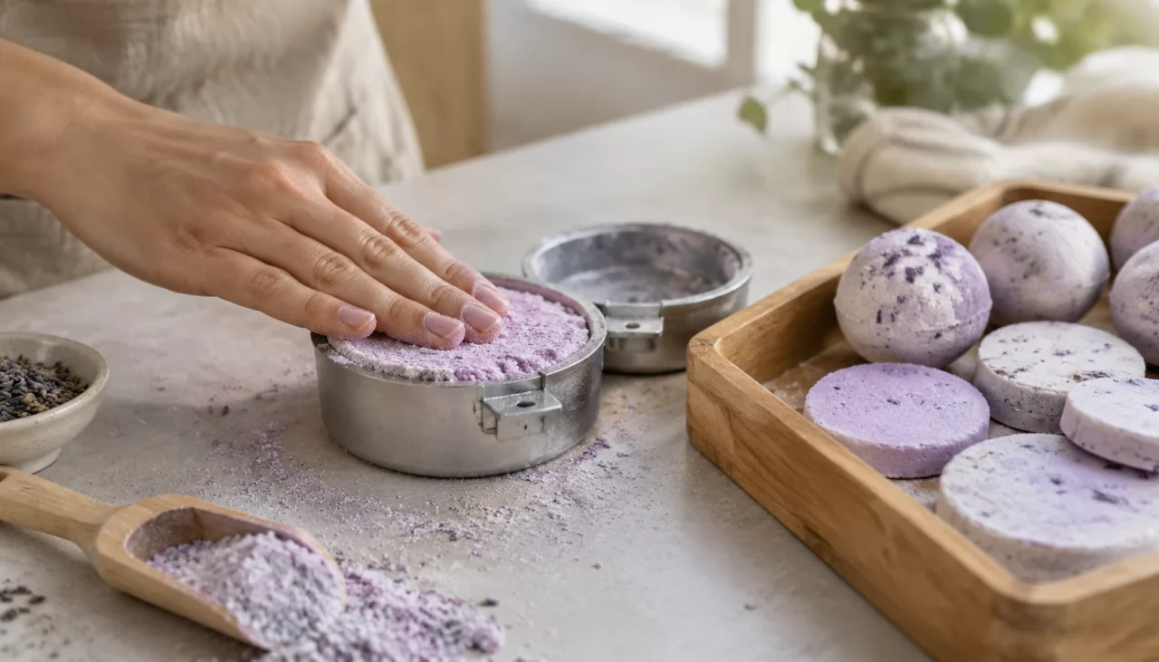 product-1280-731 Hand pressing bath bomb mixture into a metal mold next to finished shower steamers