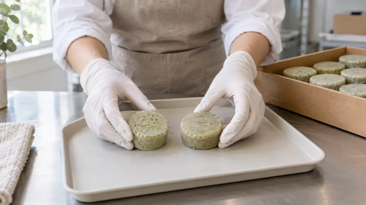 Behandschuhte Hände vergleichen ein Freigabemuster mit einer Serien-Shampoo-Bar