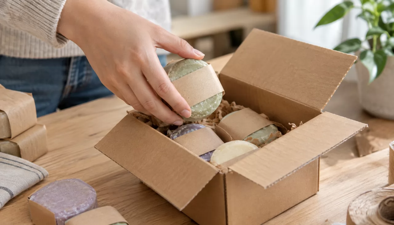 Hand legt eine Shampoo-Bar in einen kleinen Versandkarton ohne Flaschen