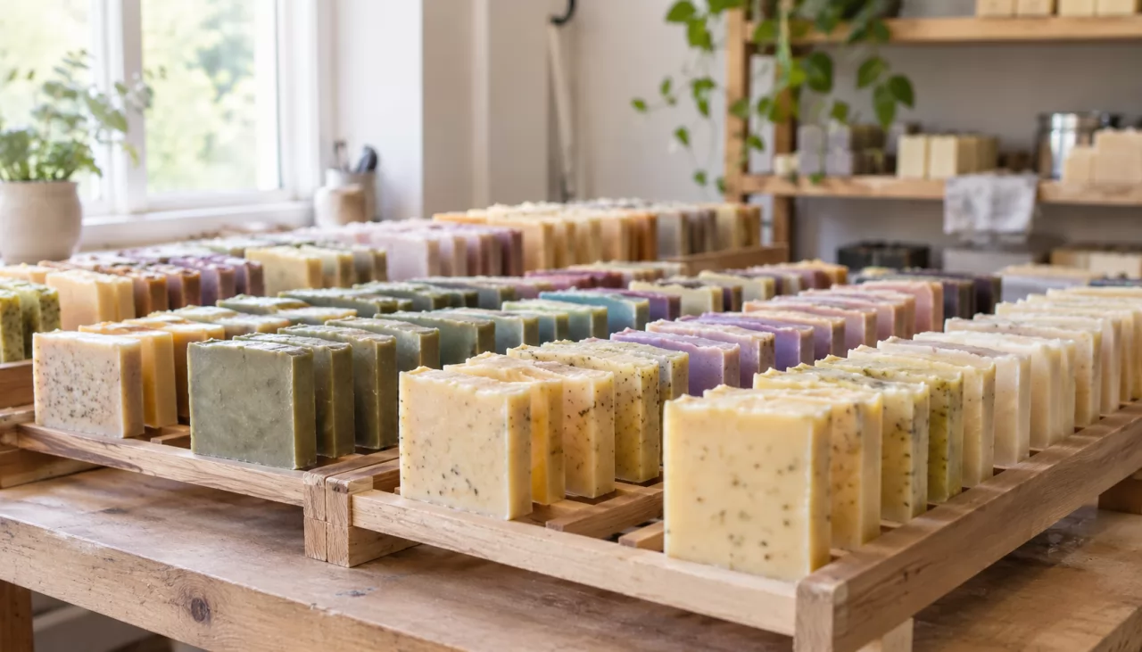 product-1280-731 Handmade soap bars curing on wooden racks in a bright workroom
