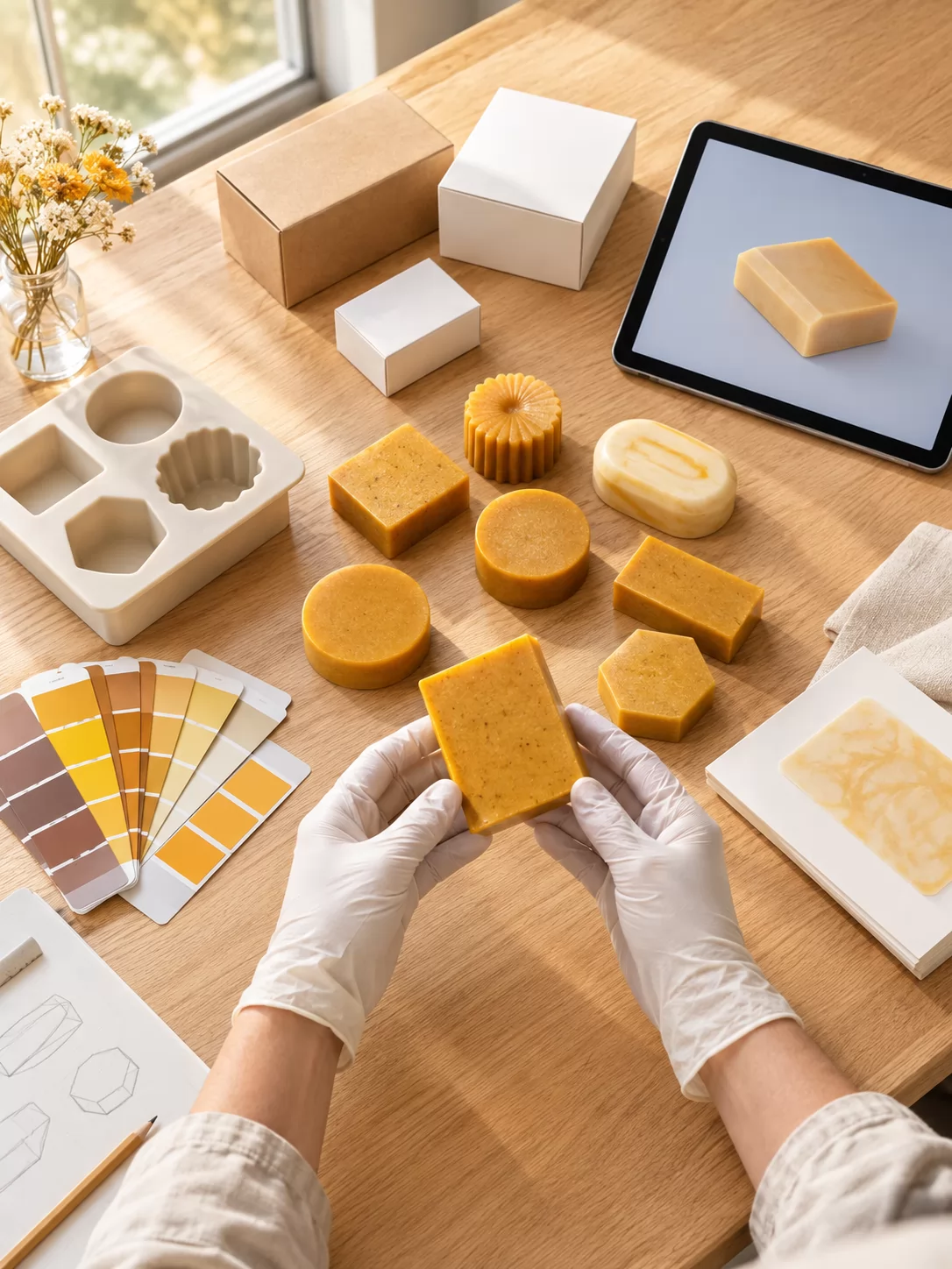 product-600-800 Turmeric soap samples, moulds and blank packaging laid out for OEM design review on a studio table