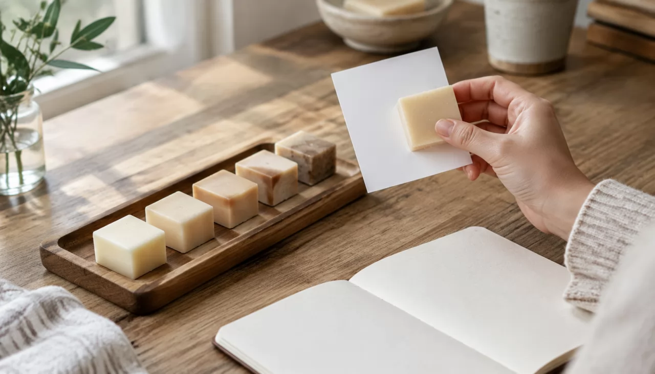 product-1280-731 Comparing soap sample bars in different shades on a wooden tray