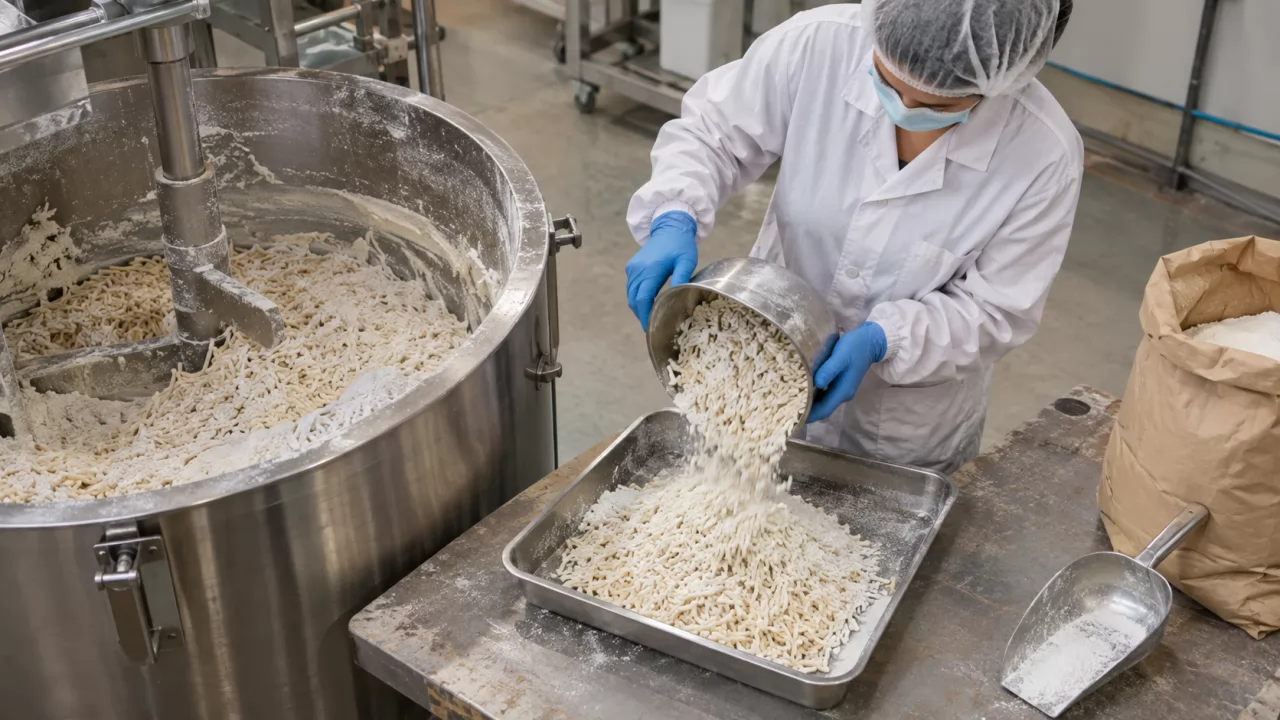 product-1280-720 Technician sampling surfactant noodles and powder from a stainless mixing vessel