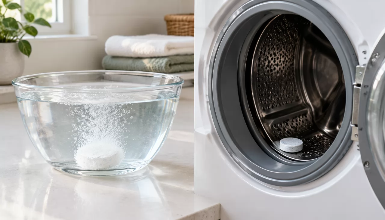 product-1280-731 A tablet dissolving in a bowl of water next to a washing machine drum