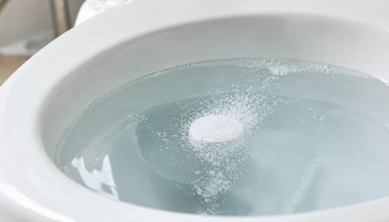 product-1280-731 Eine Reinigungstablette sprudelt im Wasser einer Toilettenschüssel