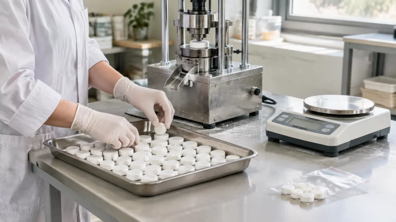 product-1280-720 Hände mit Handschuhen prüfen gepresste Tabletten neben Tablettenpresse und Waage