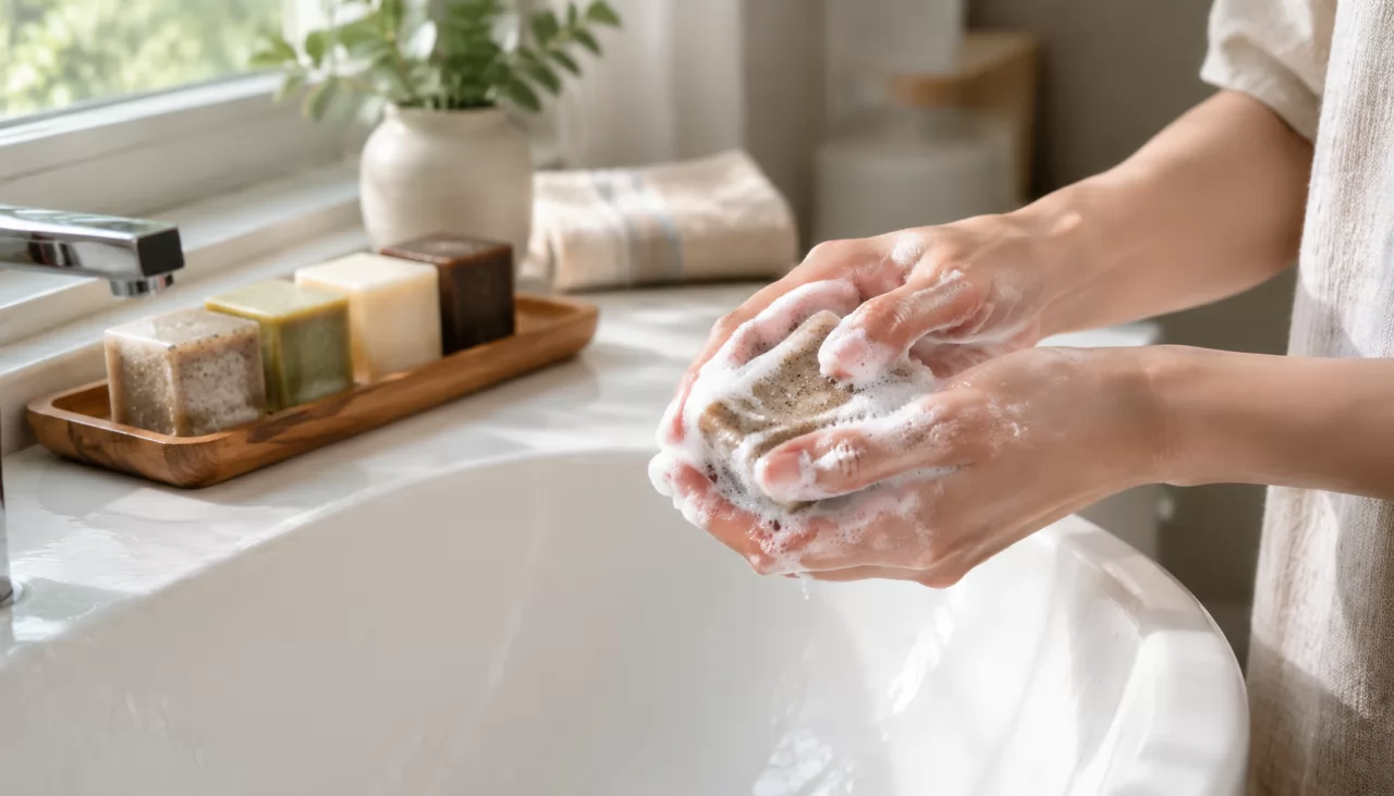 product-1280-731 Manos probando una muestra de jabón exfoliante mojado junto a otras muestras en una bandeja