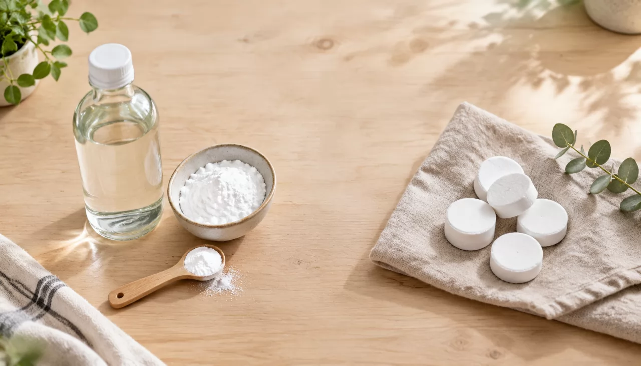 Vinegar, baking soda and pressed cleaning tablets laid side by side