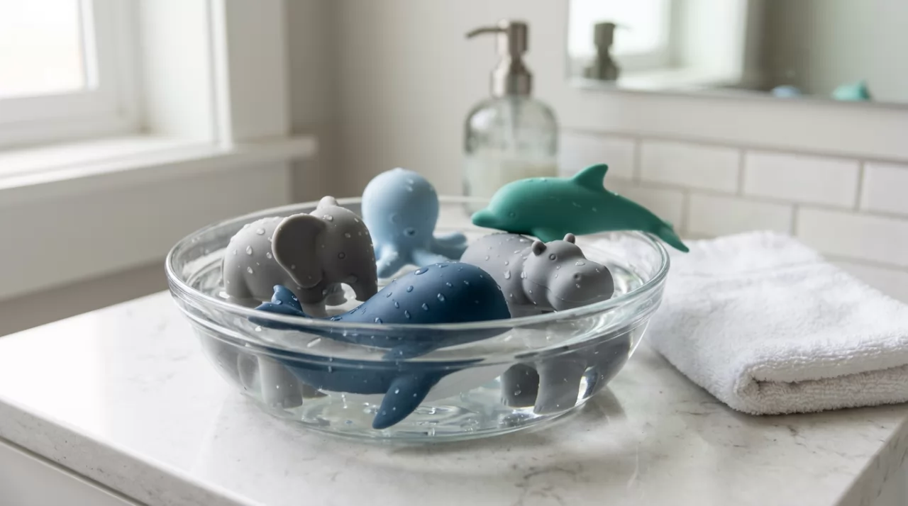 Solid silicone and plastic toy figures sitting in a bowl of clear water