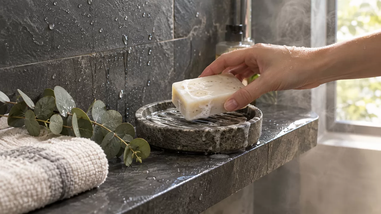 product-1280-720 Hand lifting a wet cleansing bar from a stone soap dish in a steamy home shower