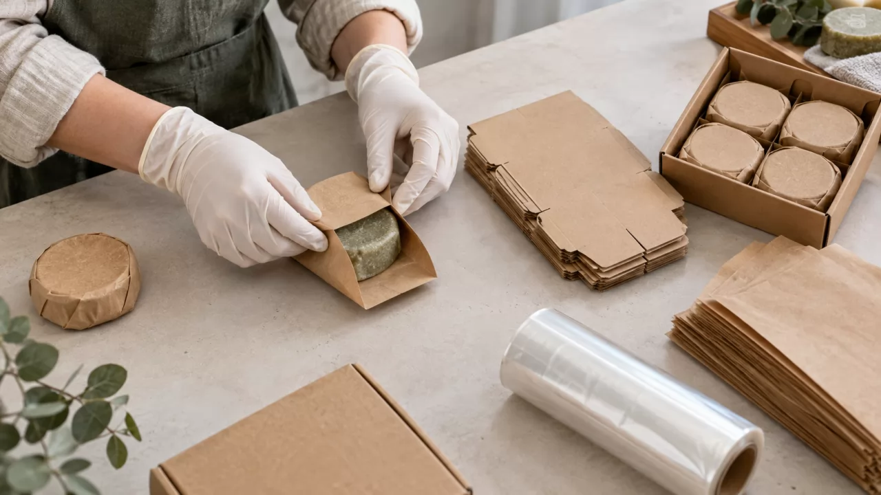 product-1280-720 Hands folding a paper sleeve around a shampoo bar beside film, kraft sleeves and a multi-pack box
